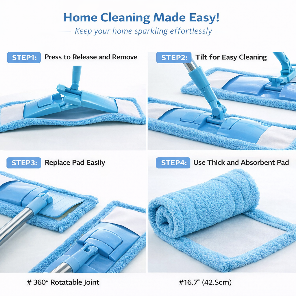 Ajaxfit™ Detachable Coral Fleece Flat Mop with Stainless Steel Handle